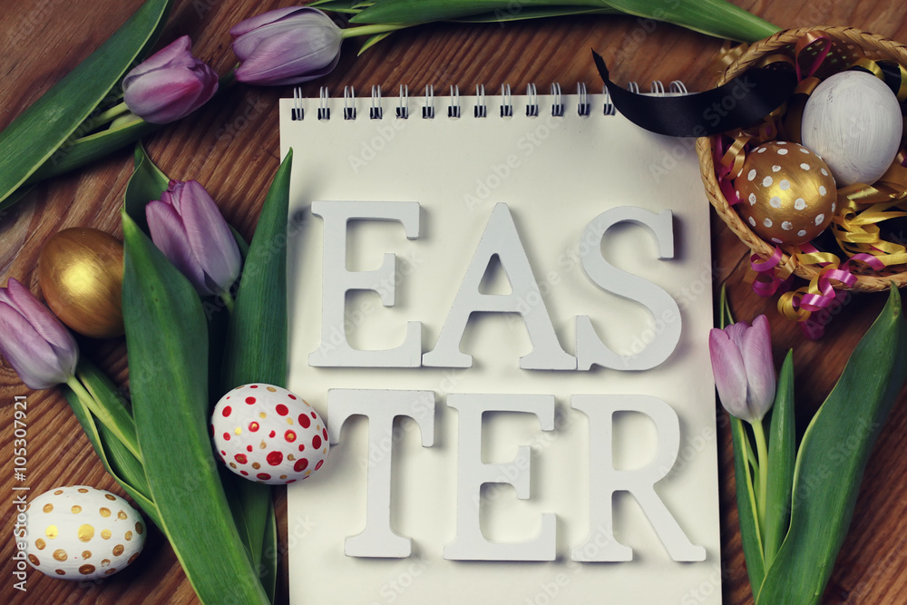 Easter background flower egg paper wooden