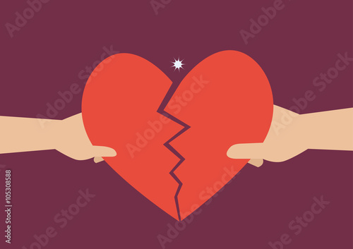 Hand of a man and woman tearing apart heart symbol