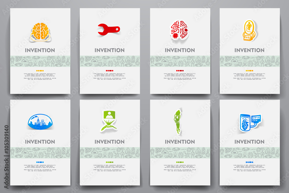 Corporate identity vector templates set with doodles invention theme
