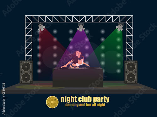 DJ woman on the stage behind the board. vector illustration.