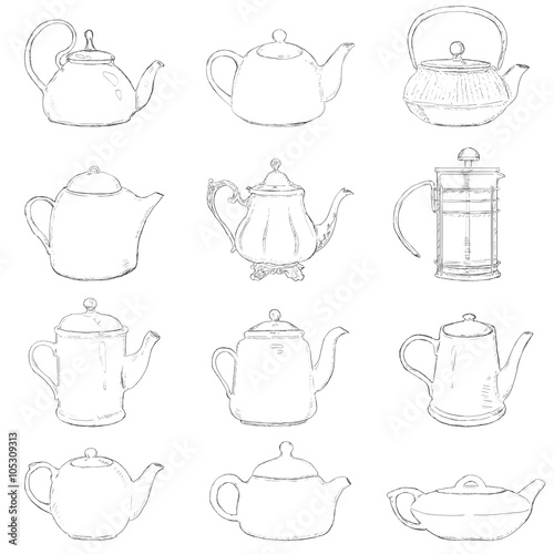 Vector Set of Different Sketch Teapots.