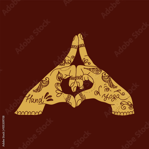Element yoga kalesvara mudra hands with mehendi pattern