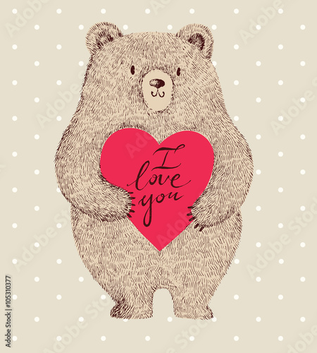 Vector colored illustration with adorable cute bear