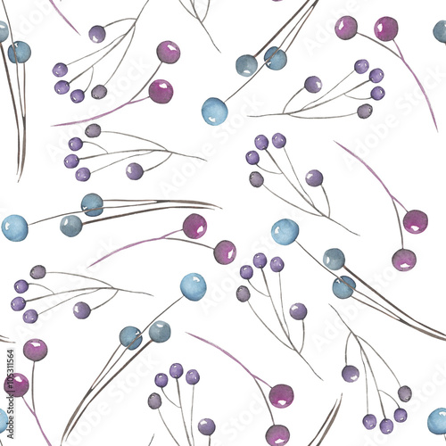 A seamless pattern with the watercolor blue and violet berries on the branches, hand-drawn on a white background