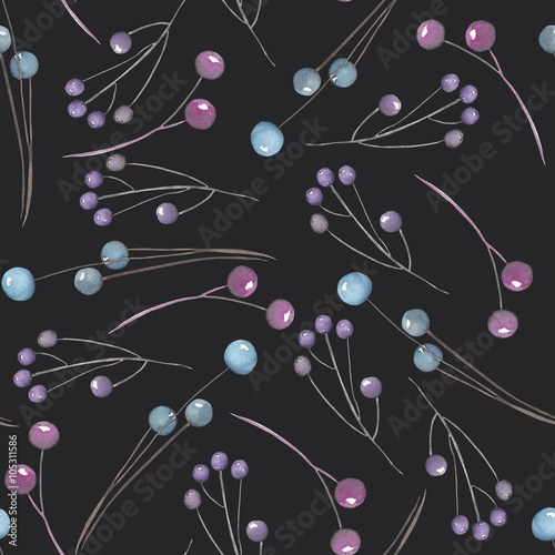 A seamless pattern with the watercolor blue and violet berries on the branches  hand-drawn on a black background