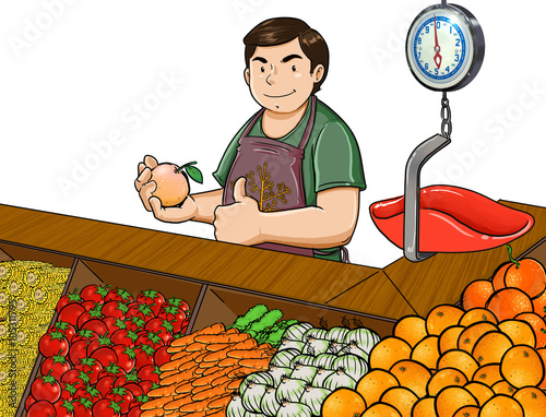 Comerciante de frutas y verduras en puesto de tianguis o mercado Stock  Illustration | Adobe Stock