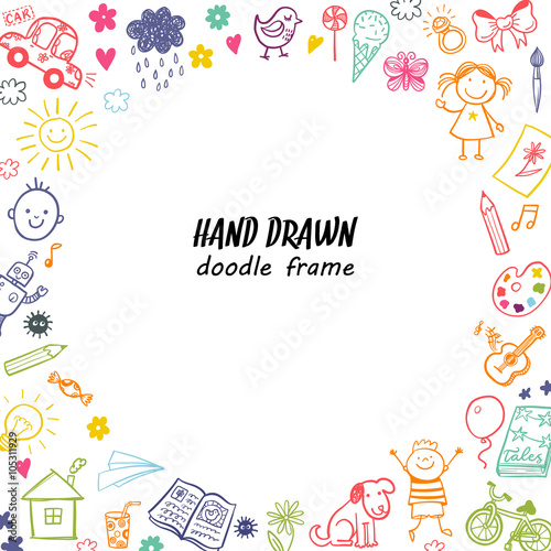 Hand drawn doodle children drawing round frame