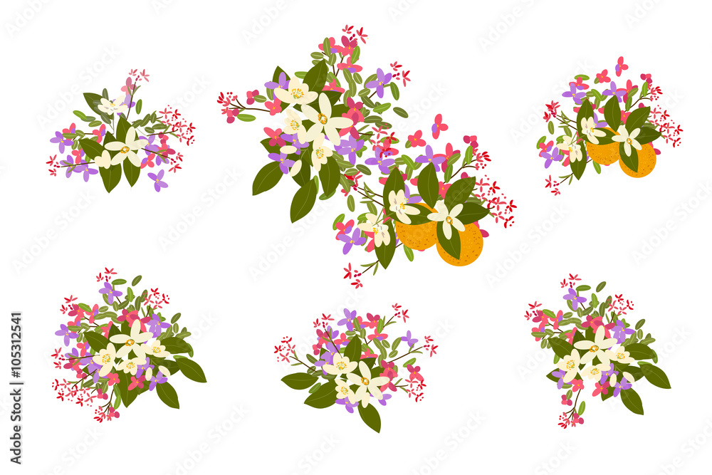 Floral arabis and orange flowers retro vintage background