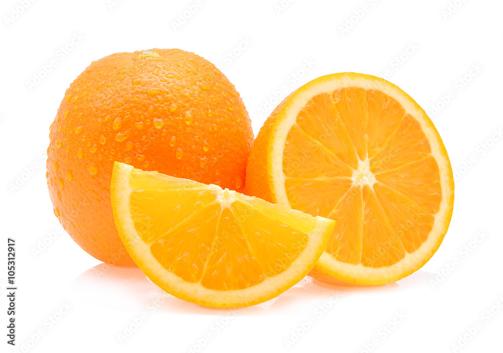 Orange fruit with drops isolated on white background