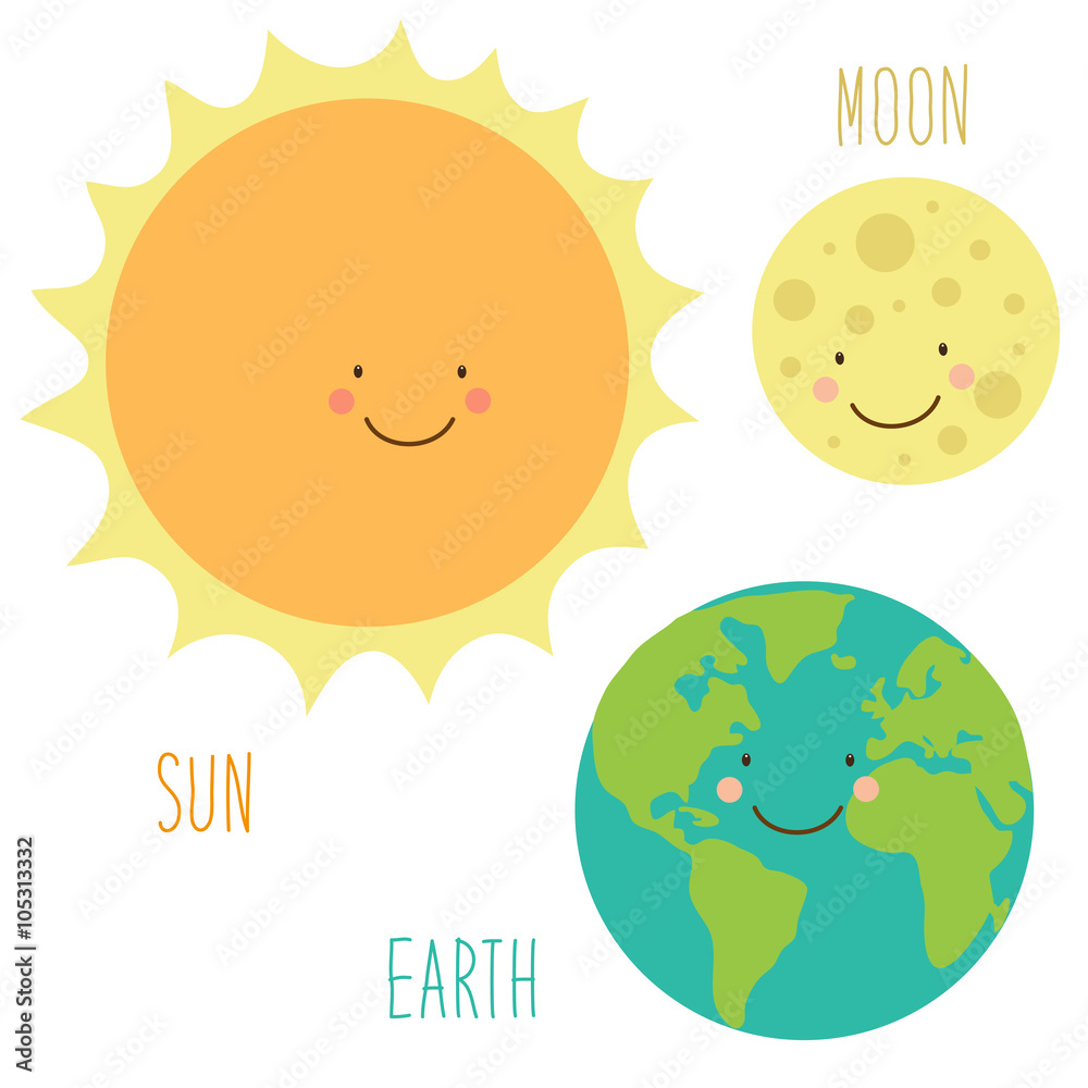 Cute smiling cartoon characters of Sun, Earth and Moon