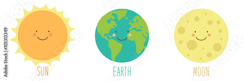 Cute smiling cartoon characters of Sun, Earth and Moon
