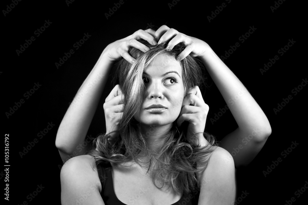 portrait of emotional young woman and lot of hands portrait of emotional young woman and lot of hands