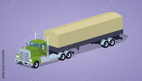 Green heavy truck and trailer with the tarpaulin tent against the purple background. 3D lowpoly isometric vector illustration