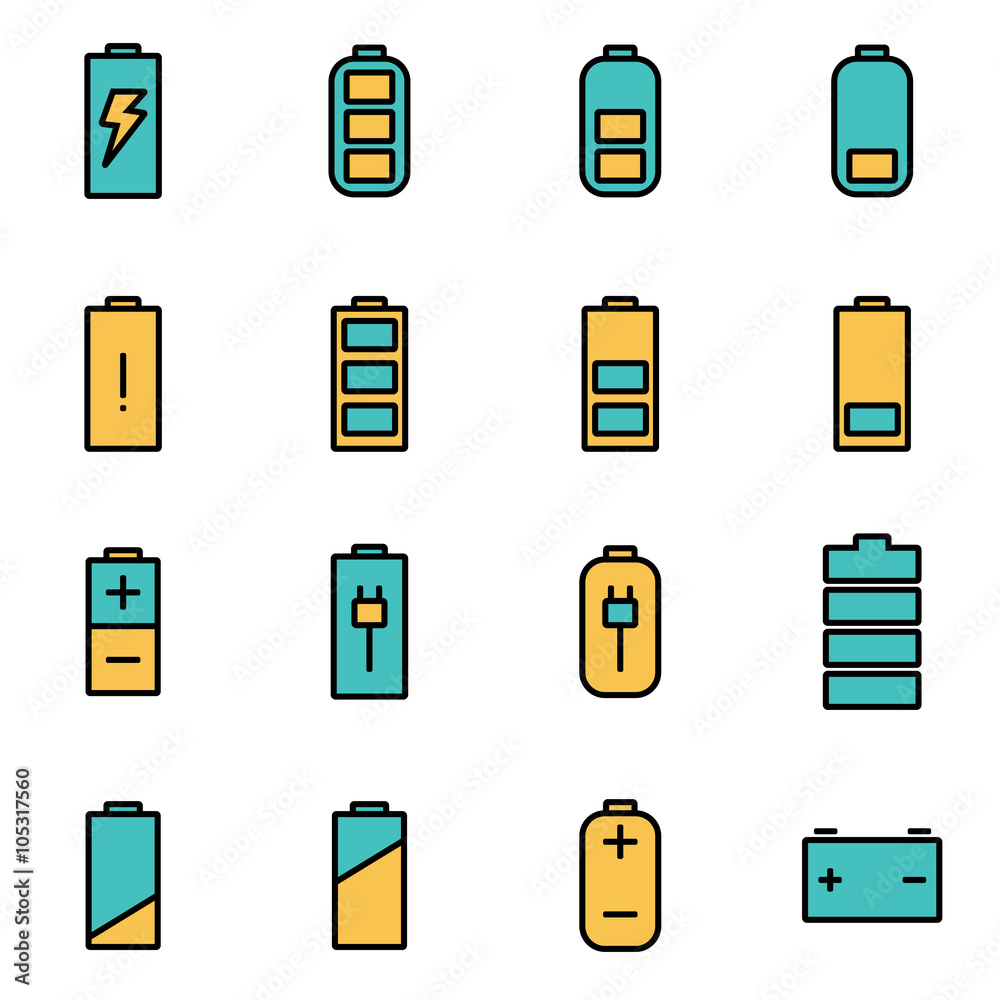 Trendy flat line icon pack for designers and developers. Vector line battery icon set, battery icon object, battery icon picture, battery image - stock vector Trendy flat line icon pack for designers and developers. Vector line battery icon set, battery icon object, battery icon picture, battery image - stock vector