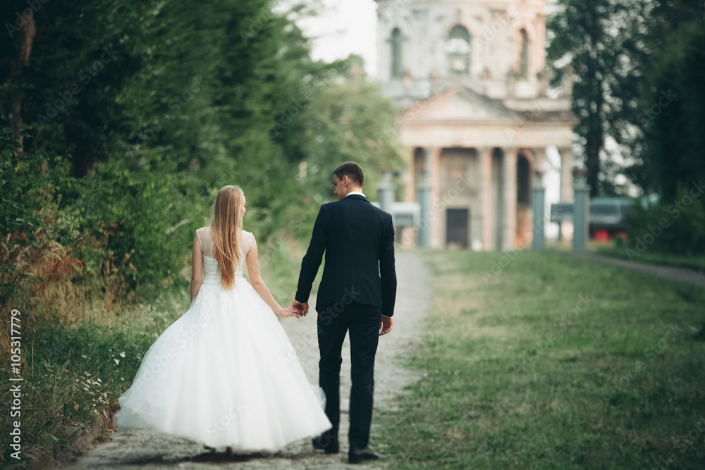 Beautiful romantic wedding couple, groom and bride hugging near old castle on sunset