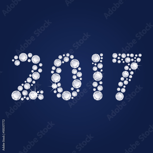 2017 Diamonds numbers with reflection. Happy New Year. Blue vector greeting card.