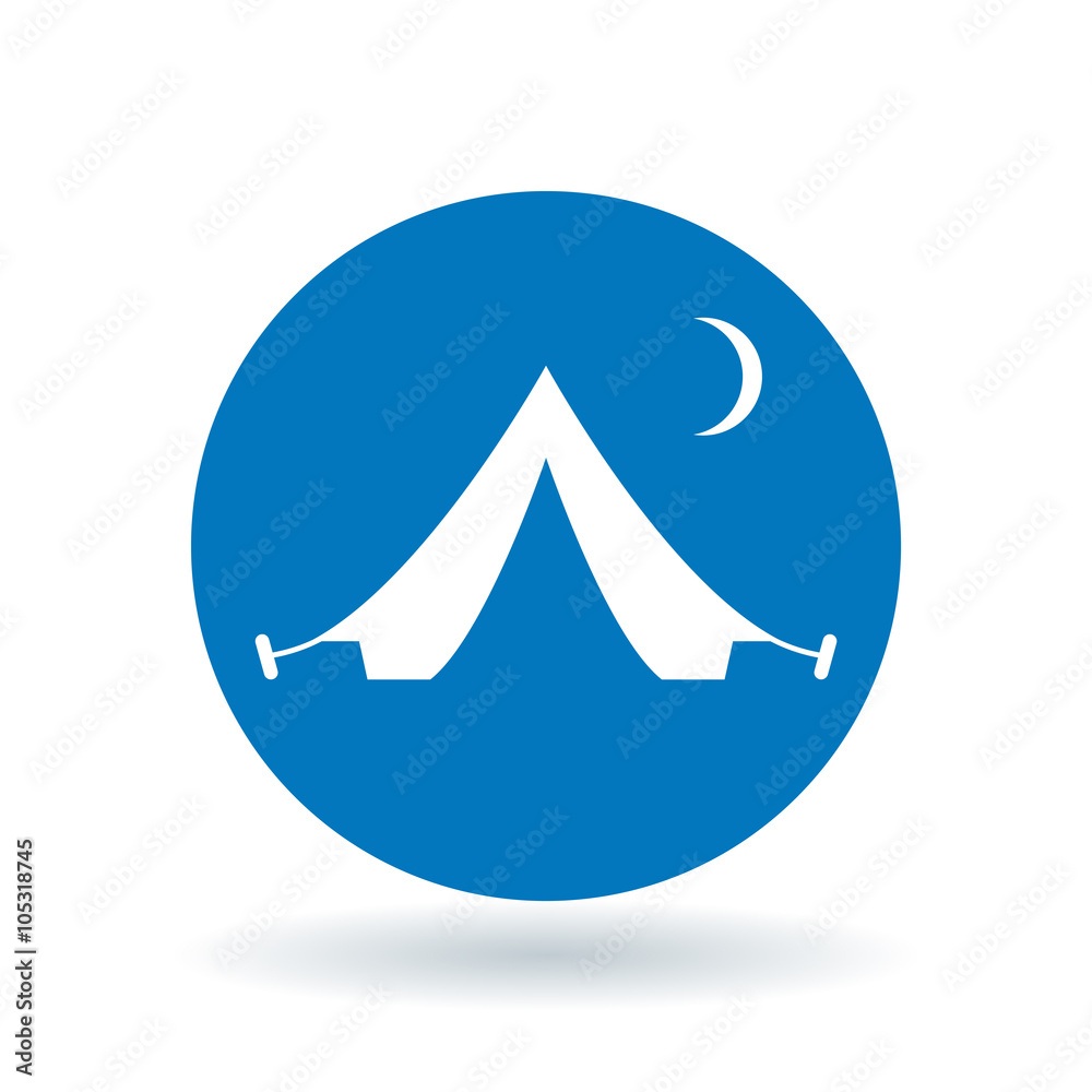 Tent icon. Campsite symbol. Camping sign. White camping tent icon on dark  blue circle background. Vector illustration. Stock Vector | Adobe Stock