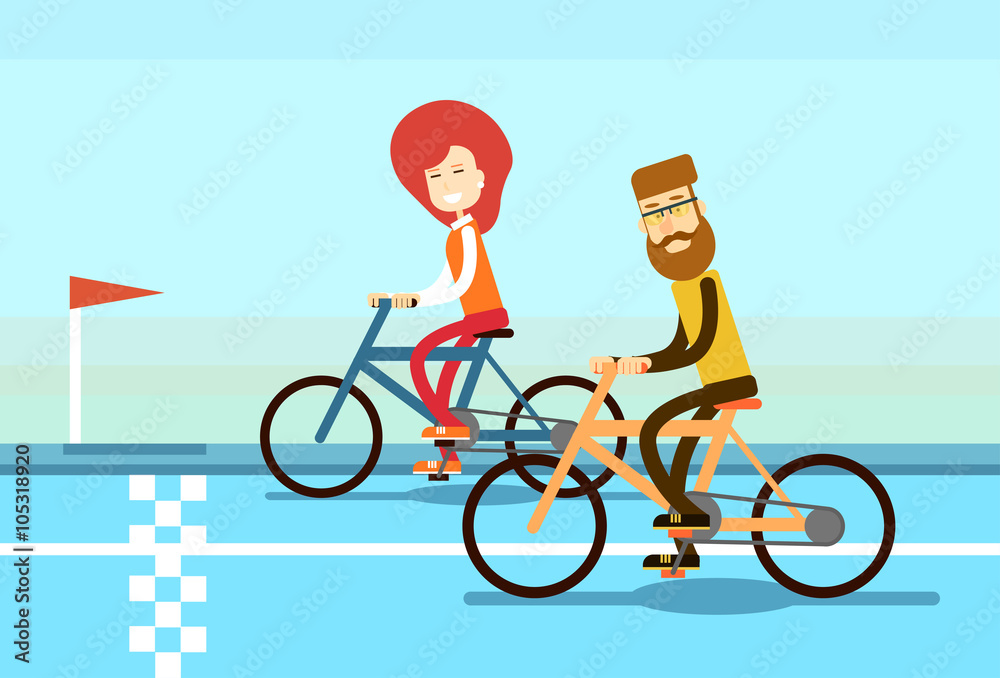 Couple Man Woman Ride Bicycle Race Road Couple Man Woman Ride Bicycle Race Road