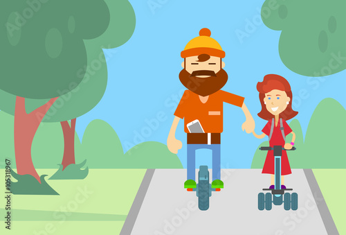 Man Ride Segway Woman Holding Hands Electric Scooter