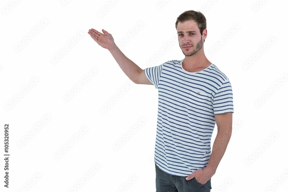Hipster man showing something Hipster man showing something