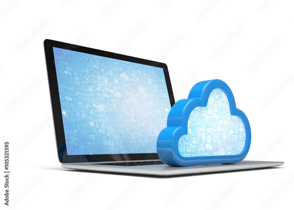 Laptop with cloud computing symbol on keyboard. 3d render Laptop with cloud computing symbol on keyboard. 3d render