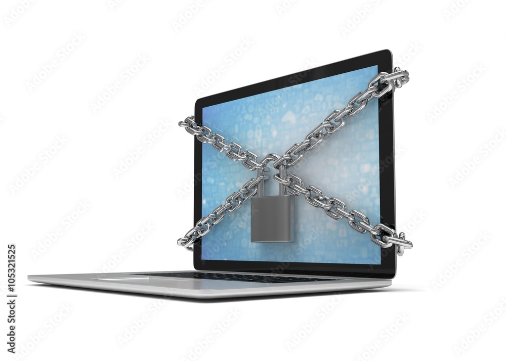 3d illustration computer security. laptop locked with chains and padlock
