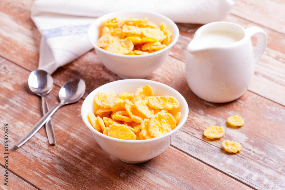 Cornflakes and milk for breakfast closeup Cornflakes and milk for breakfast closeup