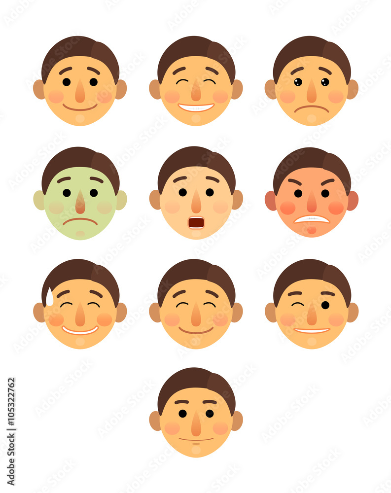 boy or man different face emotions collection cartoon flat - Emoji emoticon icon vector illustration set. Face on a white background, isolated. boy or man different face emotions collection cartoon flat - Emoji emoticon icon vector illustration set. Face on a white background, isolated.
