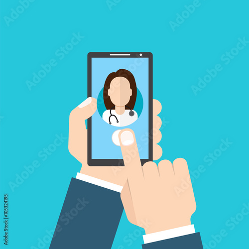 Online Doctor female. Man holding smartphone
