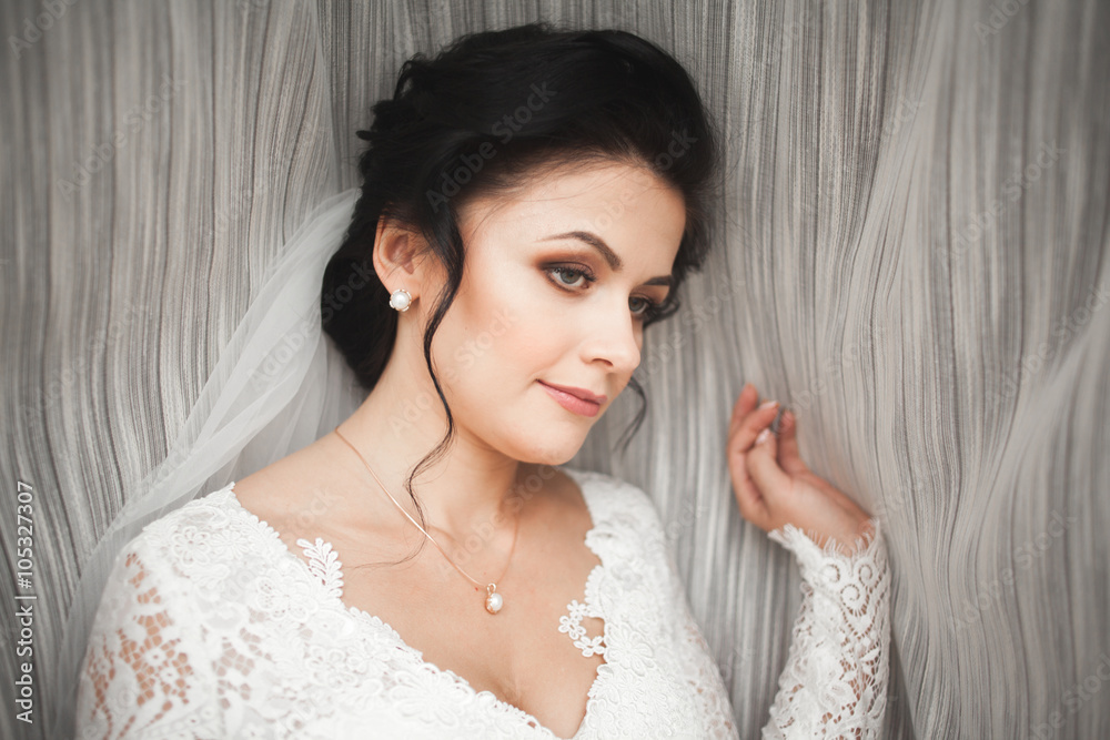 Portrait of beautiful bride with fashion veil at wedding morning. Wedding dress Portrait of beautiful bride with fashion veil at wedding morning. Wedding dress
