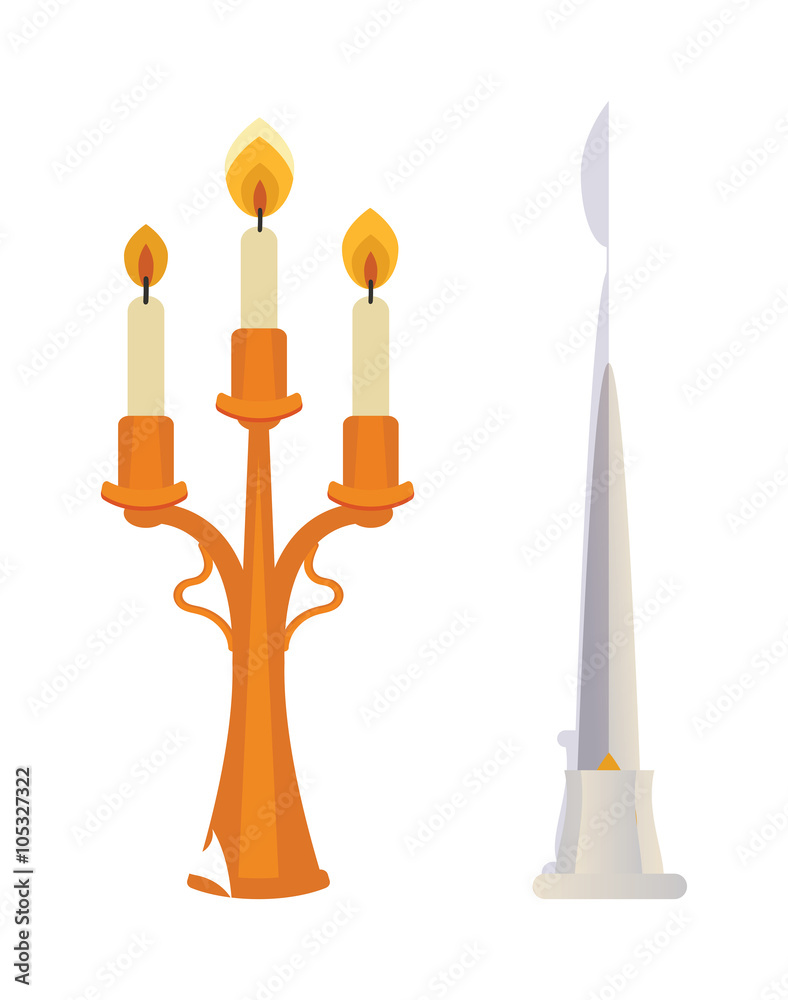 Obraz premium Retro candlesticks with candles flat vector isolated on white. 