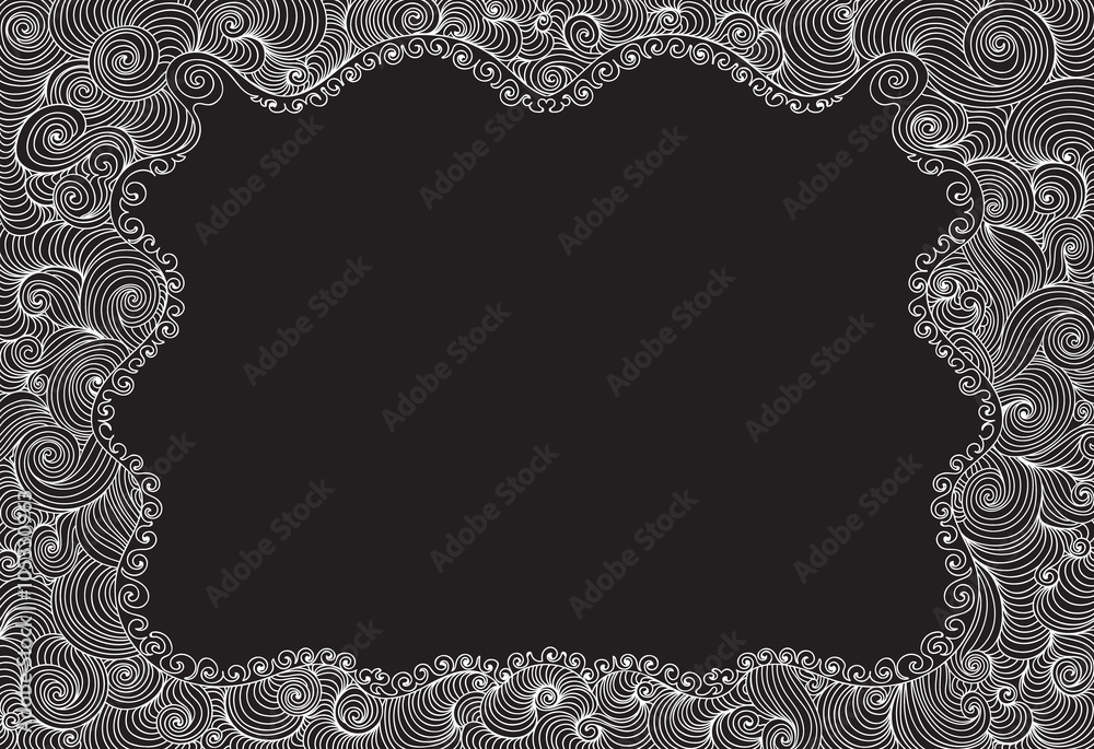 Beautiful abstract decorative vector frame with curling lines drawn on grey chalkboard