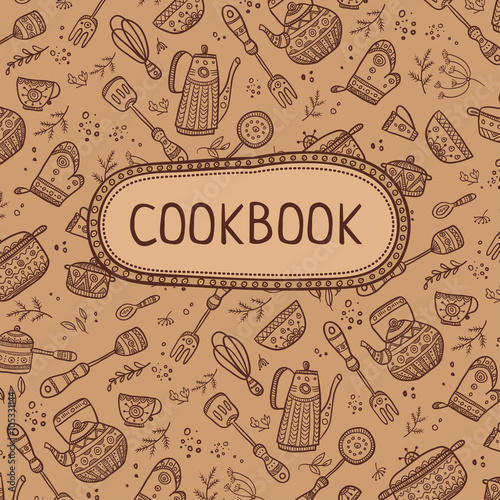 cookbook cover with kitchen items