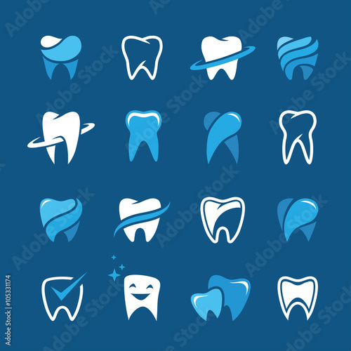 Teeth icon set on blue background photo