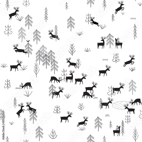 Vector seamless pattern with wild forest life and deers