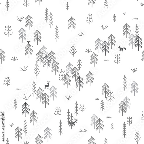 Vector seamless pattern with wild forest life with wolf hunting
