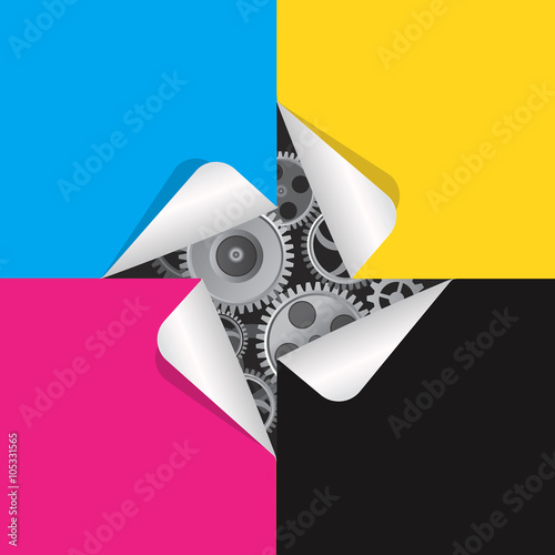 Color print promotion template.
Paper background with print colors and gears. Concept for presenting color printing.
 Vector available.

