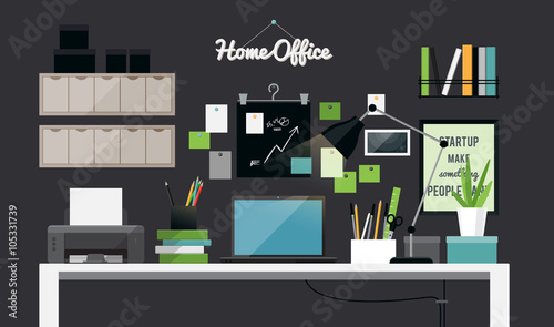 Flat illustration of dark home office workspace interior 