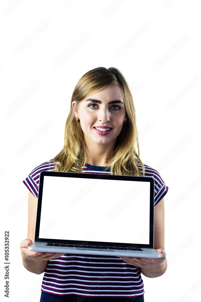 Smiling woman presenting her laptop Smiling woman presenting her laptop