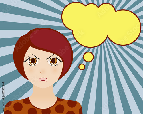 Angry woman face. Manga style. Comic girl with speech bubble for your text. Brown hair and brown eyes. Radiant blue background. Vector illustration.