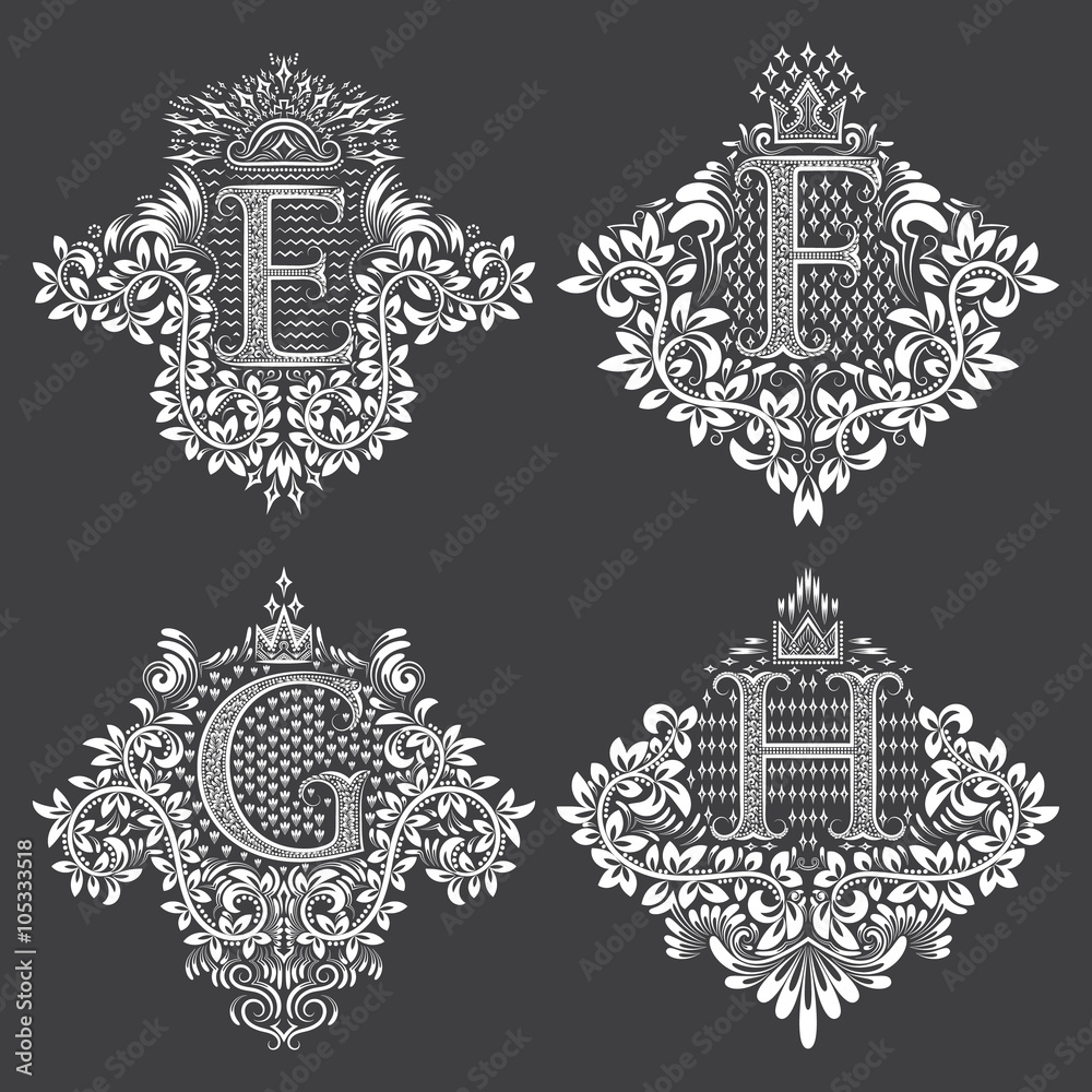 Set of ornamental monogram in coats of arms form. White floral ...