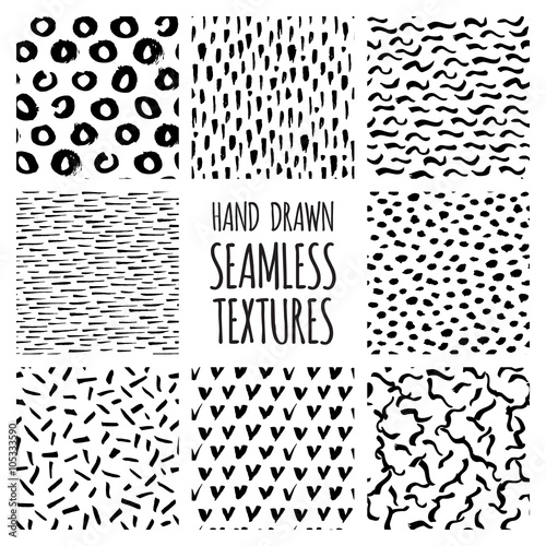 Set of eight black and white seamless hand drawn textures