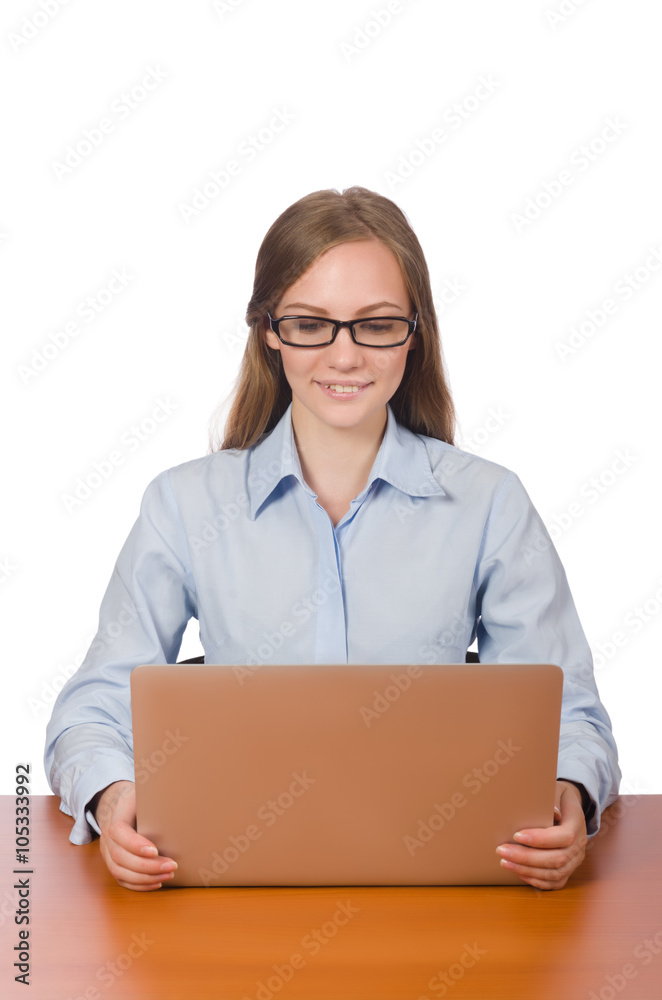 Office employee at work table with laptop isolated on white Office employee at work table with laptop isolated on white