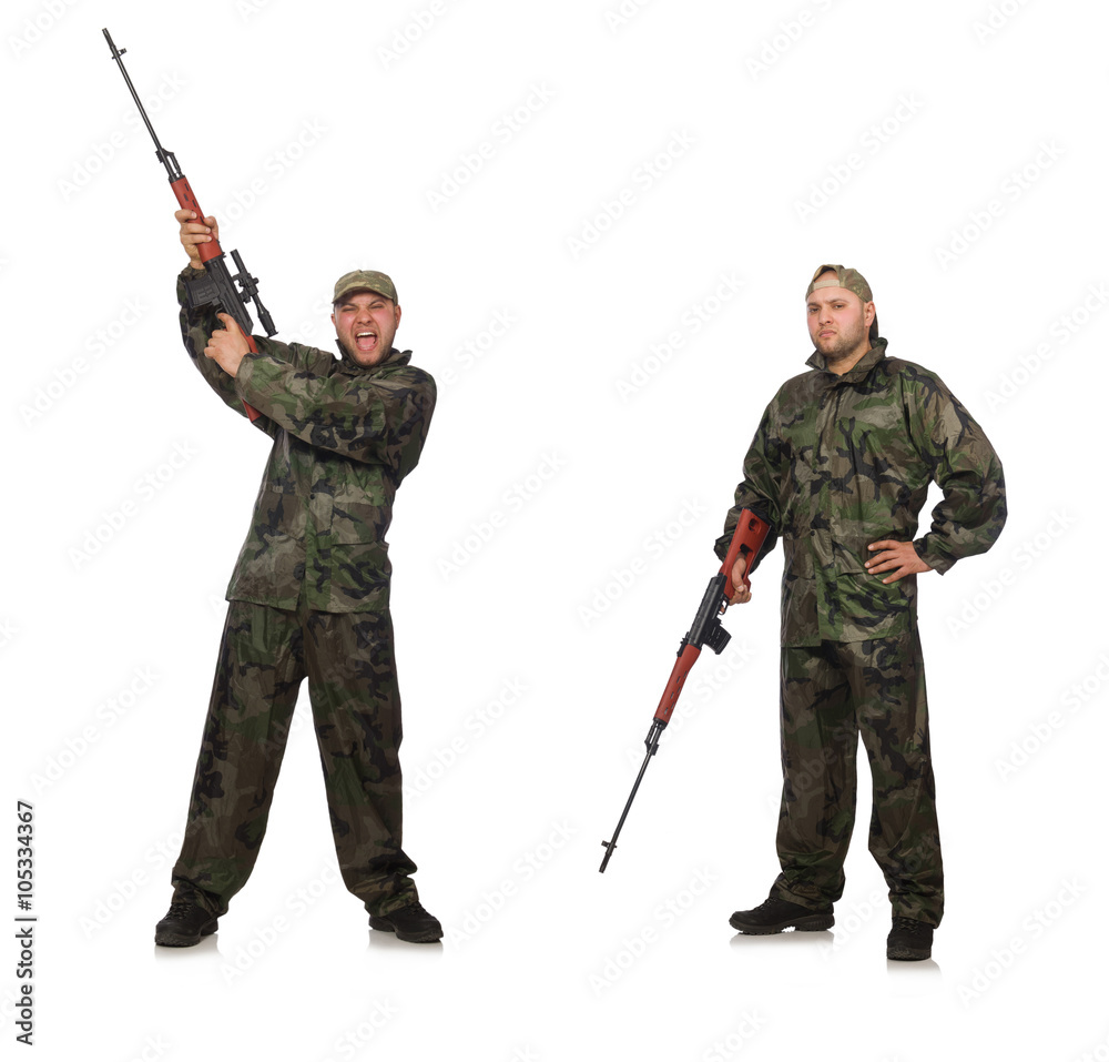 Soldier with sniper rifle isolated on white Soldier with sniper rifle isolated on white