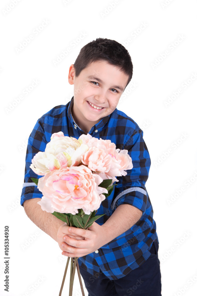 Portrait of a very happy young boy holding flowers, with white background, studio Portrait of a very happy young boy holding flowers, with white background, studio