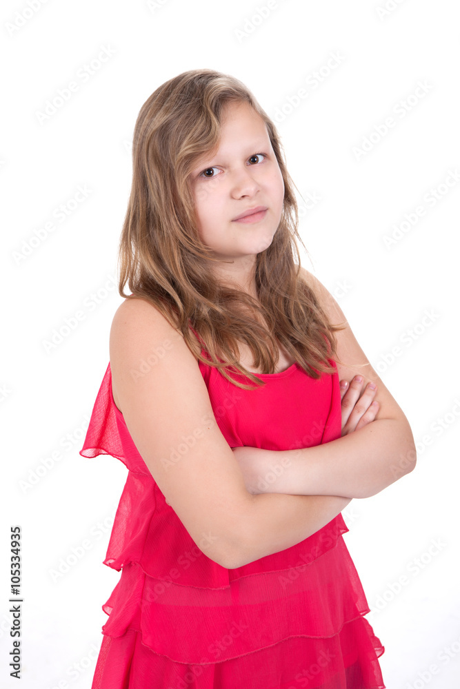 Portrait of a beautiful young girl with a pink dress, with white background, studio Portrait of a beautiful young girl with a pink dress, with white background, studio