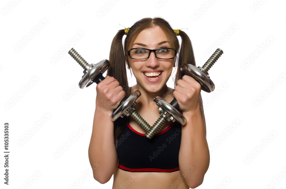 Woman exercising with dumbbells isolated on white