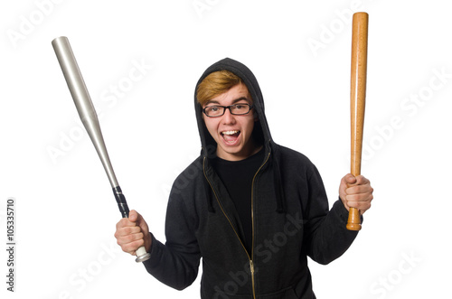 Aggressive man with baseball bat isolated on white