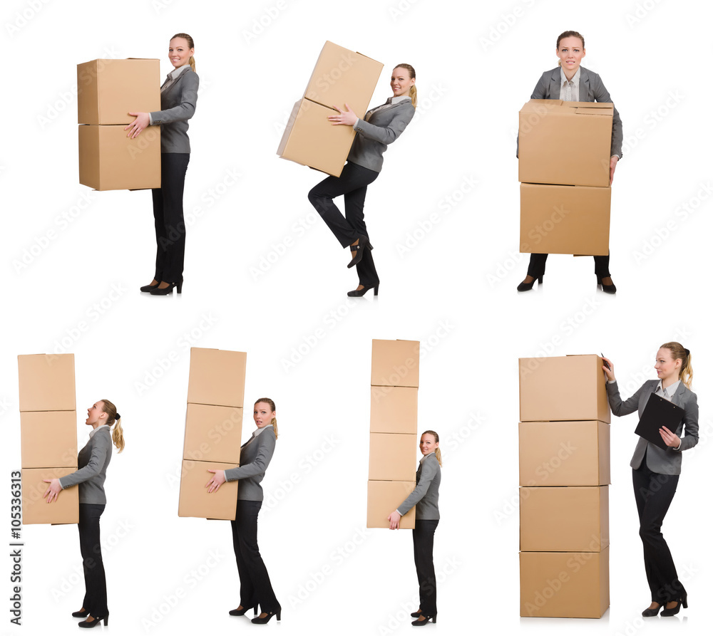 Composite image of woman with boxes on white Composite image of woman with boxes on white