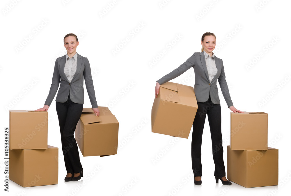 Composite image of woman with boxes on white Composite image of woman with boxes on white